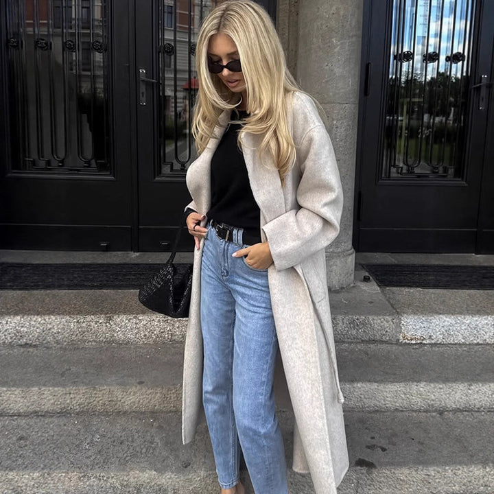 Women's Oversized Wool Blend Coat with Open Fall, Wide Shawl Collar, and Straight Cut Mune Fashion