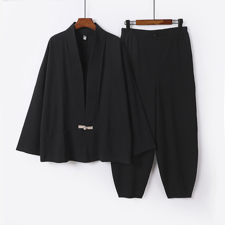 Men's Zen Relax Set with open kimono jacket, decorative toggle closure and tapered harem jogger pants Mune Fashion