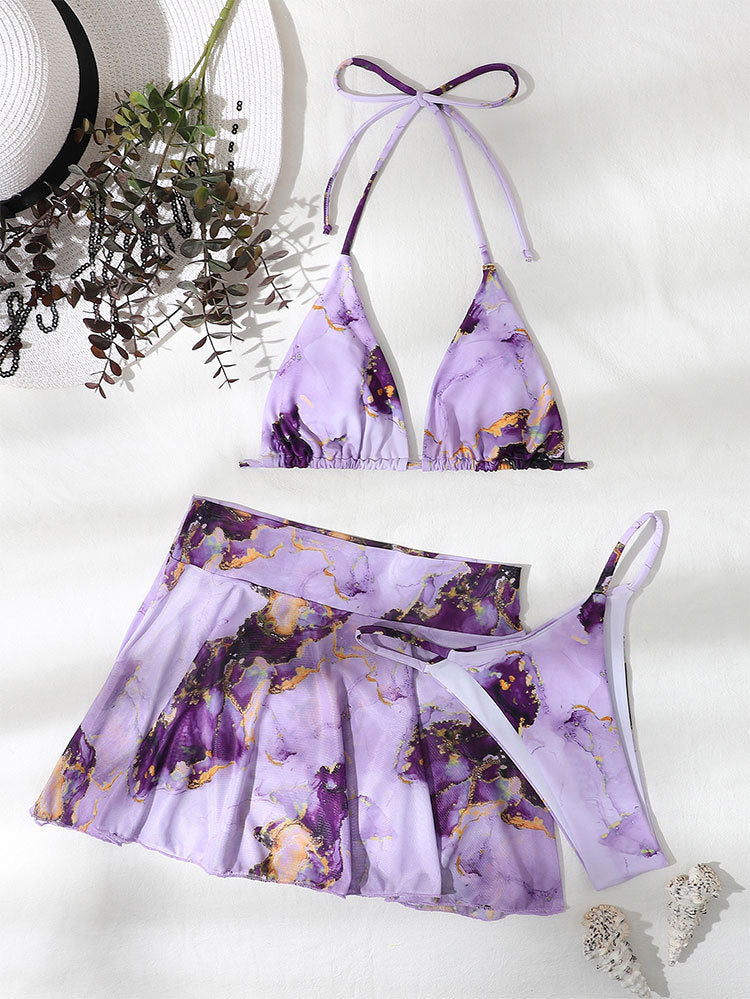 Women Triangle Bikini Set with Matching Skirt Mune Fashion
