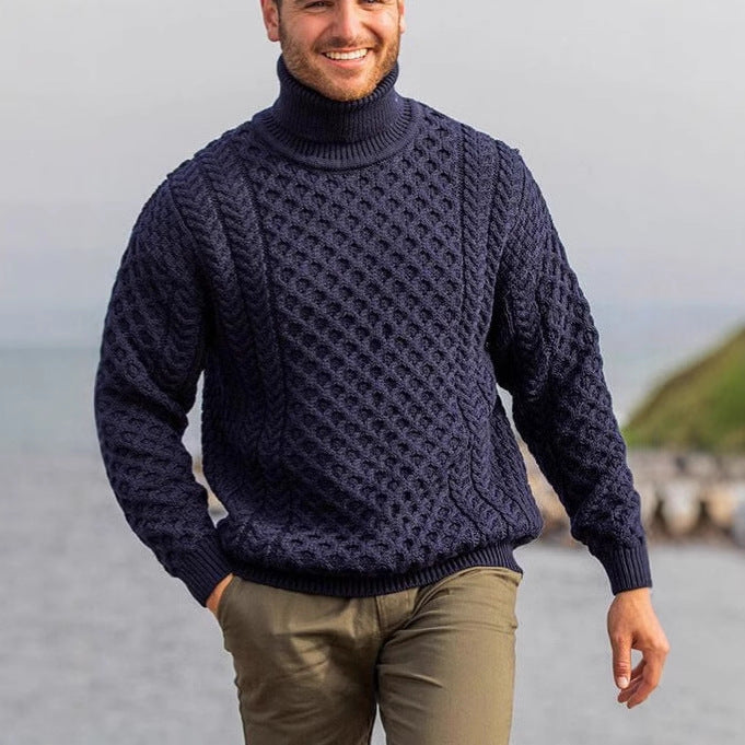 Men's knit pullover with stand-up collar and cable pattern