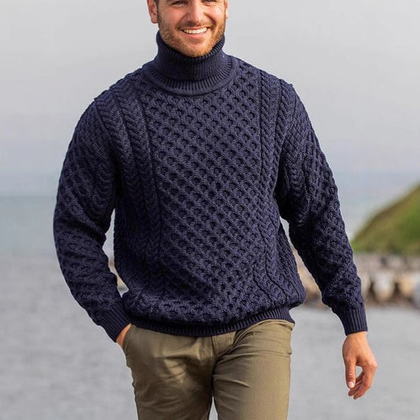 Men's knit pullover with stand-up collar and cable pattern