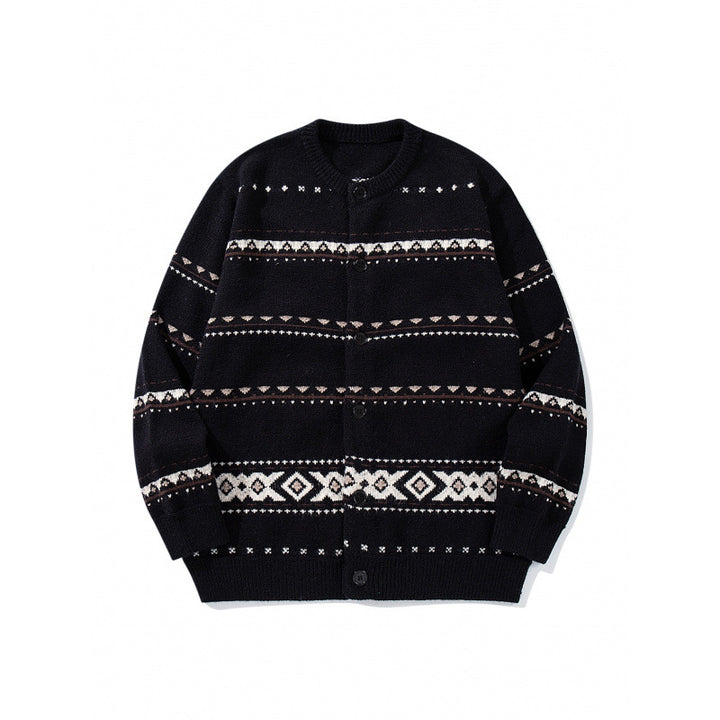 Unisex jacquard knit cardigan in boxy cut with round neck and button placket Mune Fashion
