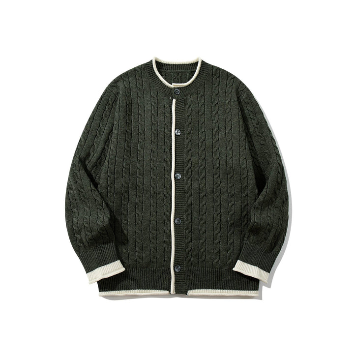 Unisex Cable Knit Cardigan with Round Neck, Contrasting Cuffs and Continuous Button Placket Mune Fashion