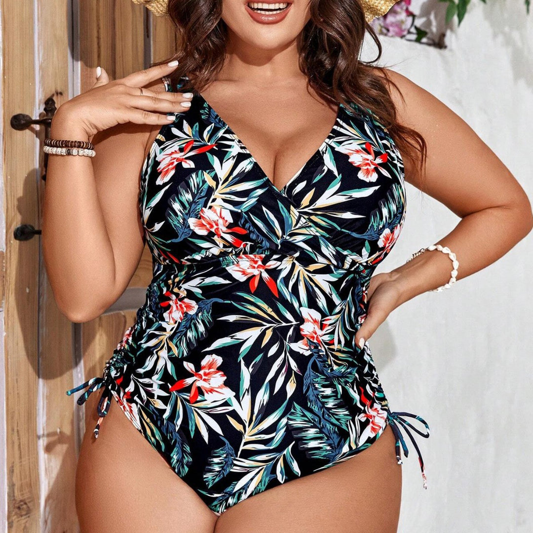 Womens One-Piece Swimsuit with Floral Wrap Design and Figure-Shaping Gatherings Mune Fashion