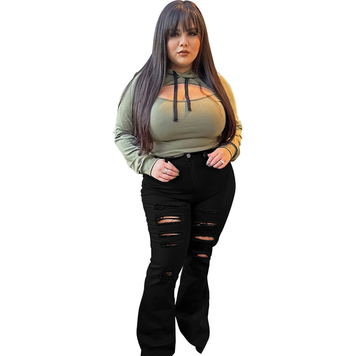 Women's High-Waist Flared Pants in Stretch Denim with Multiple Destroyed Effect Mune Fashion
