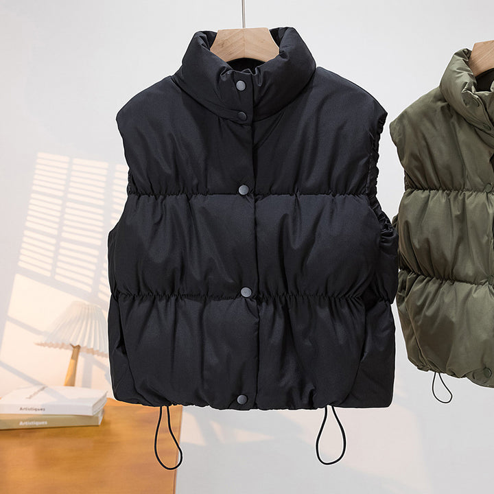 Women's Short Padded Vest with High Stand-Up Collar and Drawstring Mune Fashion