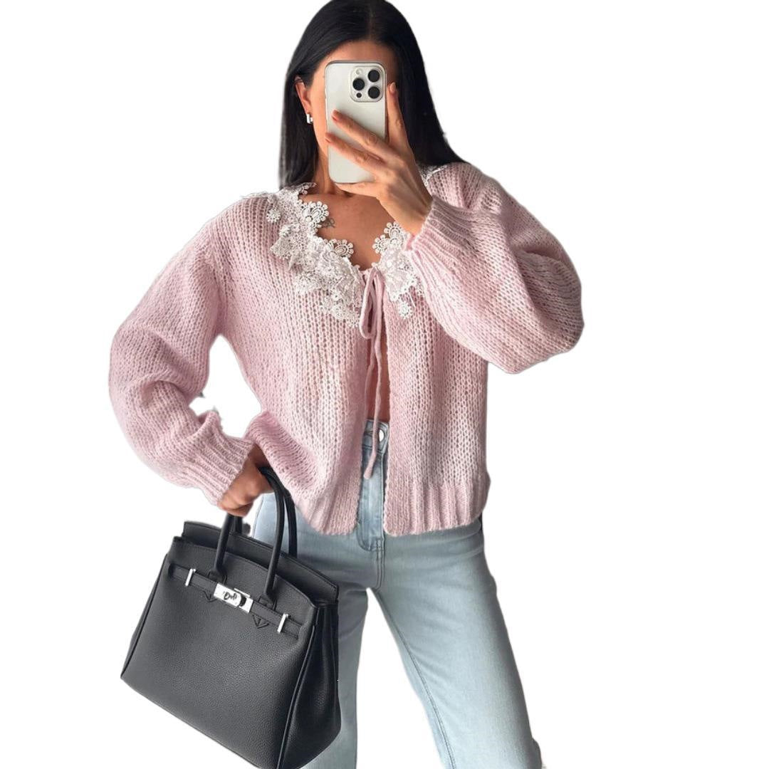 Ladies Cozy Mohair Cardigan with Decorative Flower Applications Mune Fashion