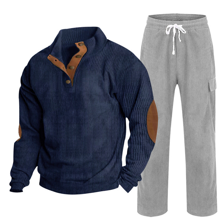 Men's Cozy Leisure Set made of Waffle Knit Henley with Elbow Patch and Relax Cargo Pants Mune Fashion