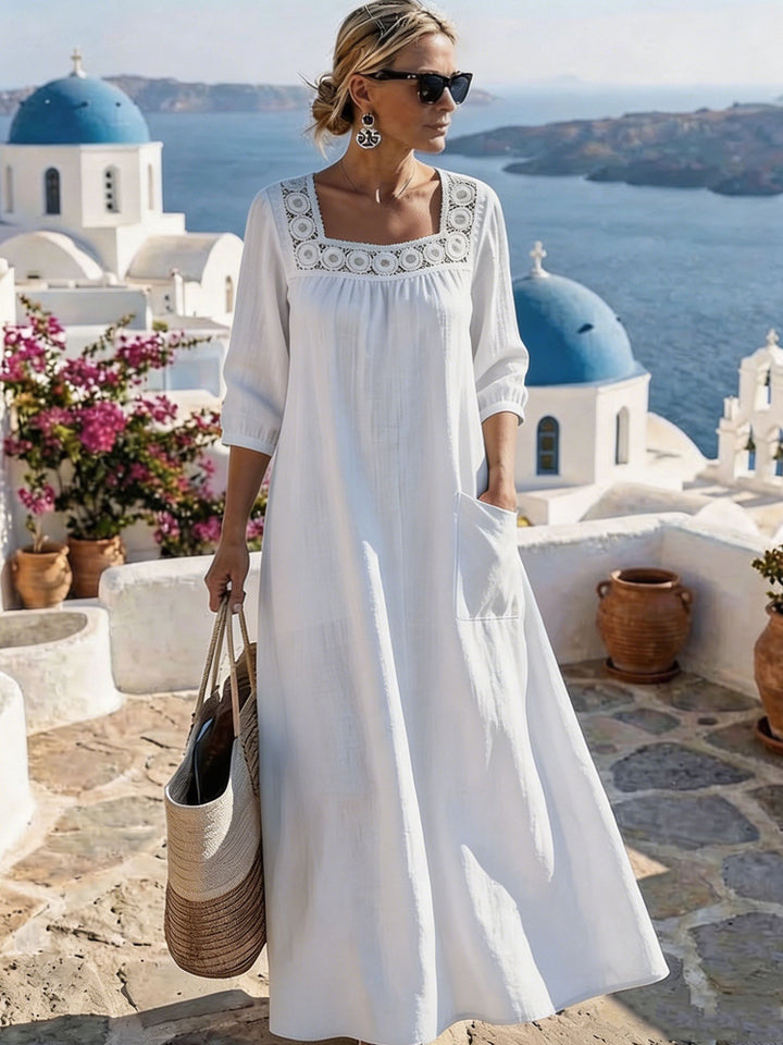Ladies max dress with elegant round neckline and practical pockets Mune Fashion