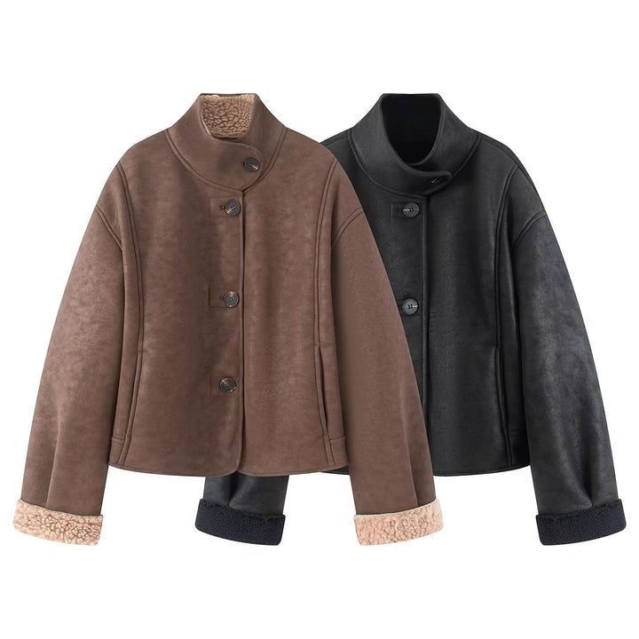 Women's short-cut artificial lambskin jacket with stand-up collar, button closure, and foldable faux-fur cuffs Mune Fashion