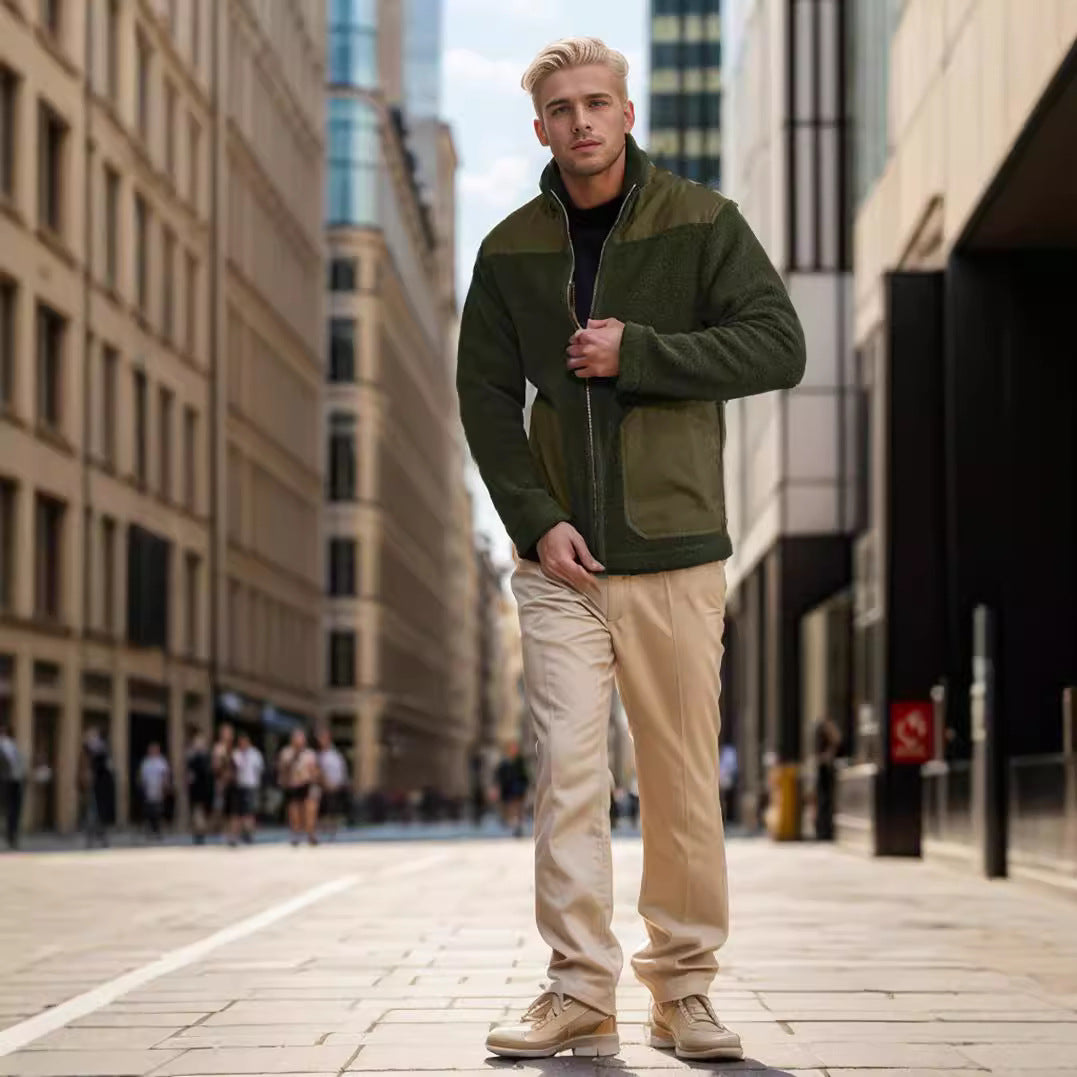 Men's fleece bomber jacket with standing collar, contrasting yoke and zipper Mune Fashion