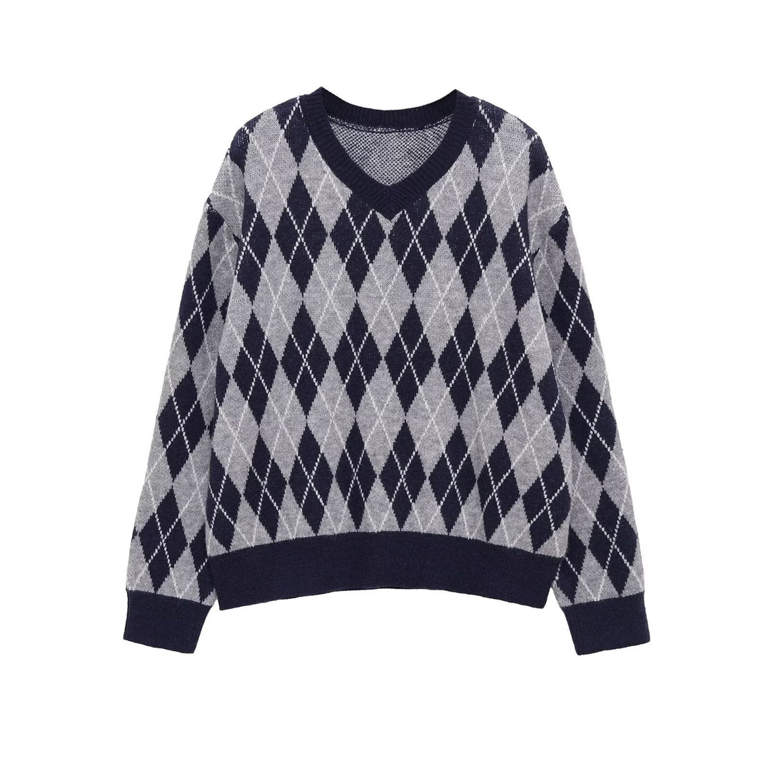 Women's Argyle V-Neck Knitted Sweater with Diamond Pattern Mune Fashion