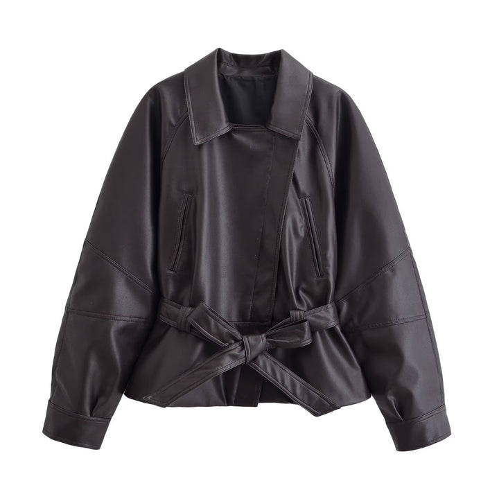 Women's short cut leather look jacket with waist belt and raglan sleeves Mune Fashion