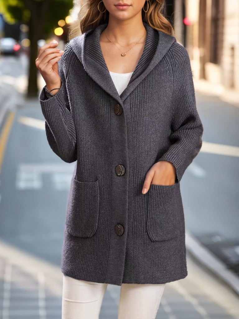 Women's long ribbed hooded cardigan with patch pockets and distinctive buttons Mune Fashion
