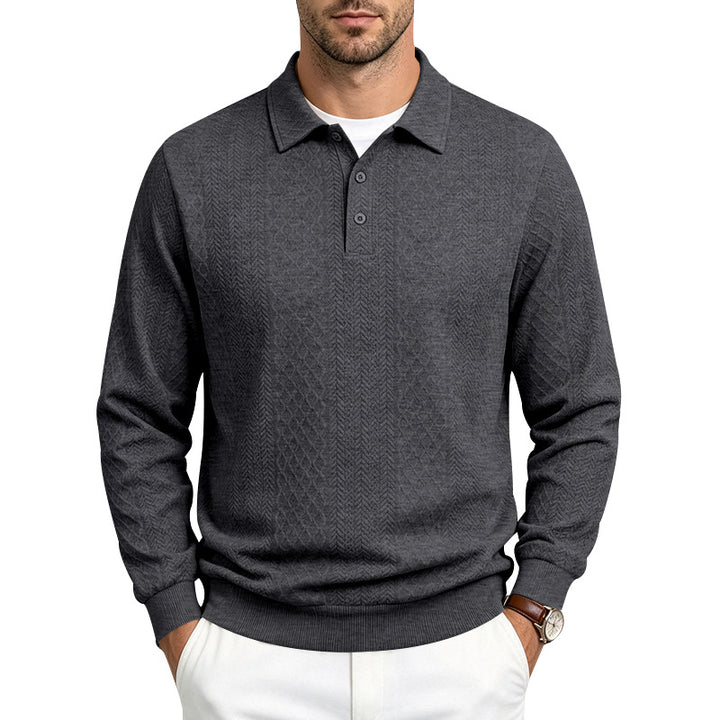 Men's Structured Long Sleeve Polo Sweater with Cable Knit Pattern Mune Fashion
