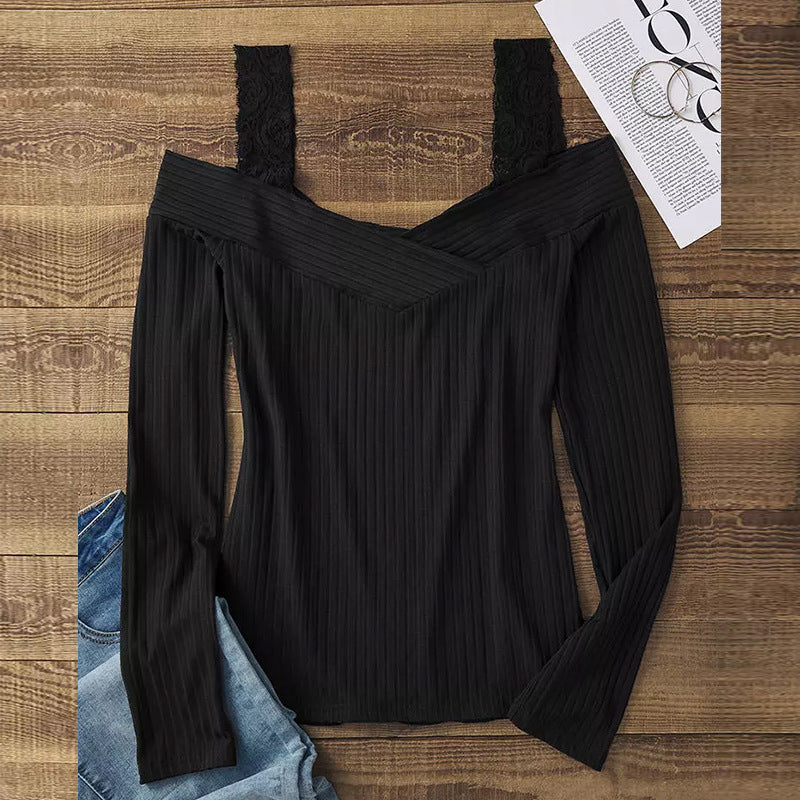 Women Off-Shoulder Long Sleeve Shirt with V-Neck and Lace Straps Mune Fashion