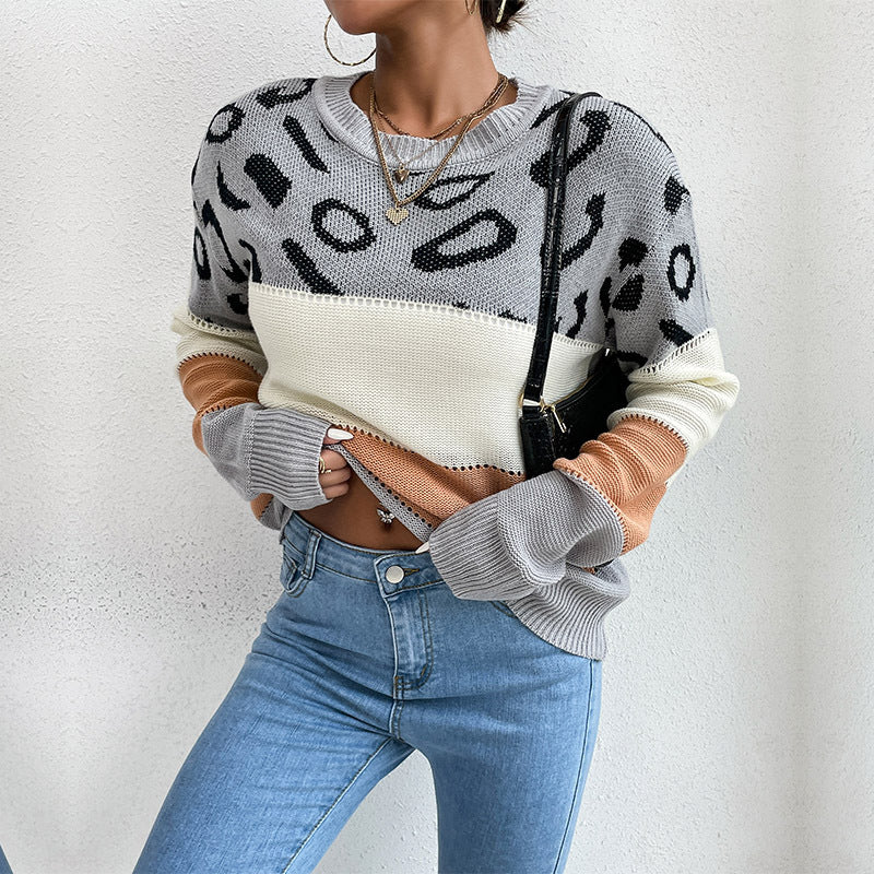 Women's knitted sweater with leopard pattern and block stripes Mune Fashion