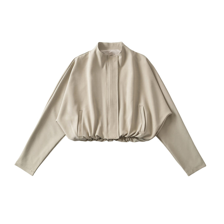 Women's Cropped Cape Blouson with Stand-Up Collar, Concealed Placket, and Elastic Hem