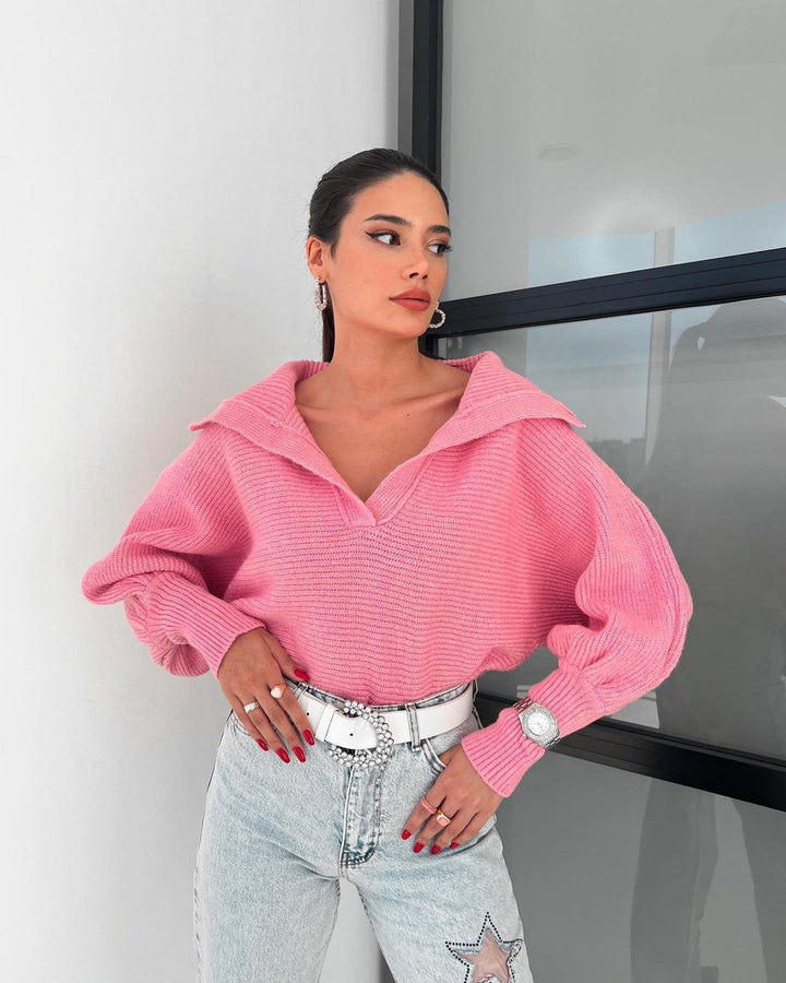 Women's Oversize Rib Sweater with Lapel Collar and Deep V-Neck Mune Fashion