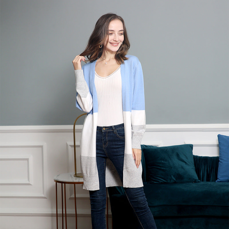 Women's long cardigan with color block design, open front and ribbed cuffs Mune Fashion