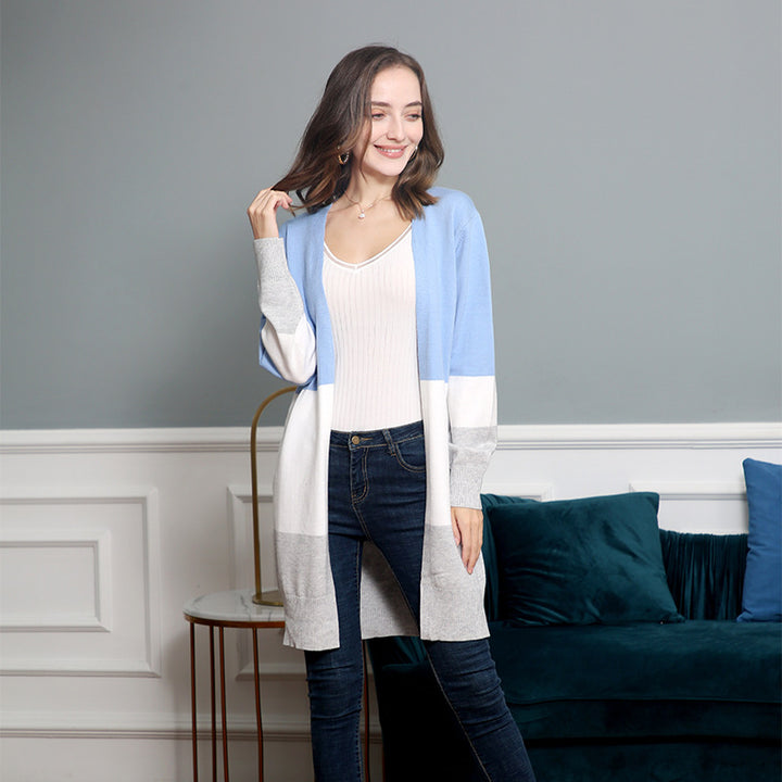Women's long cardigan with color block design, open front and ribbed cuffs Mune Fashion