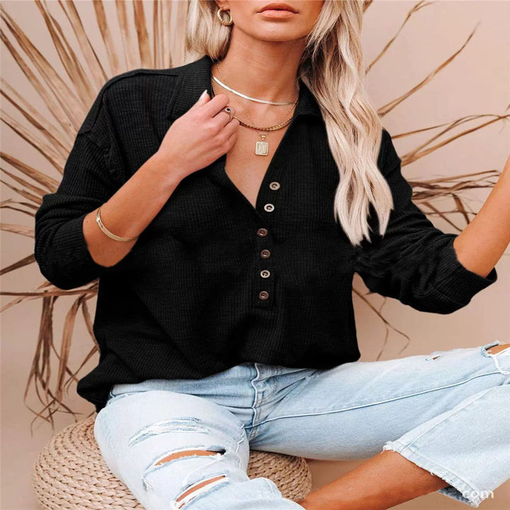 Women's casual waffle polo shirt with Henley button placket and dropped shoulder Mune Fashion