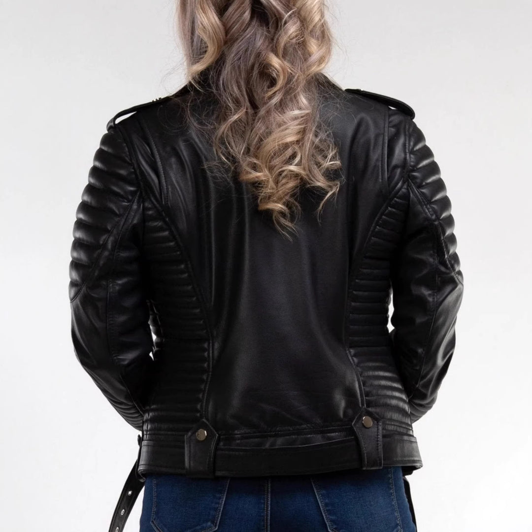 Women's Fashion Leather Biker Jacket with Quilted Details
