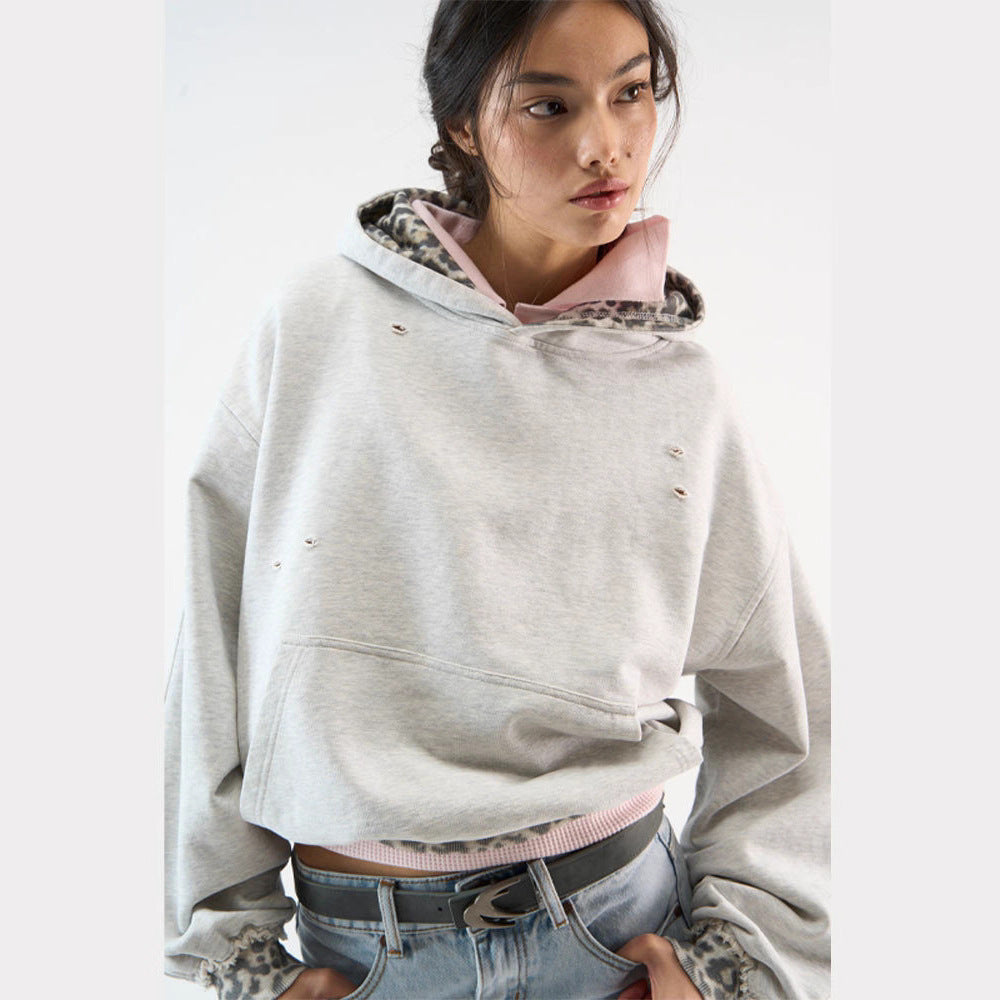 Women Short Oversize Hoodie with Destroy Details and Leo Lining Mune Fashion