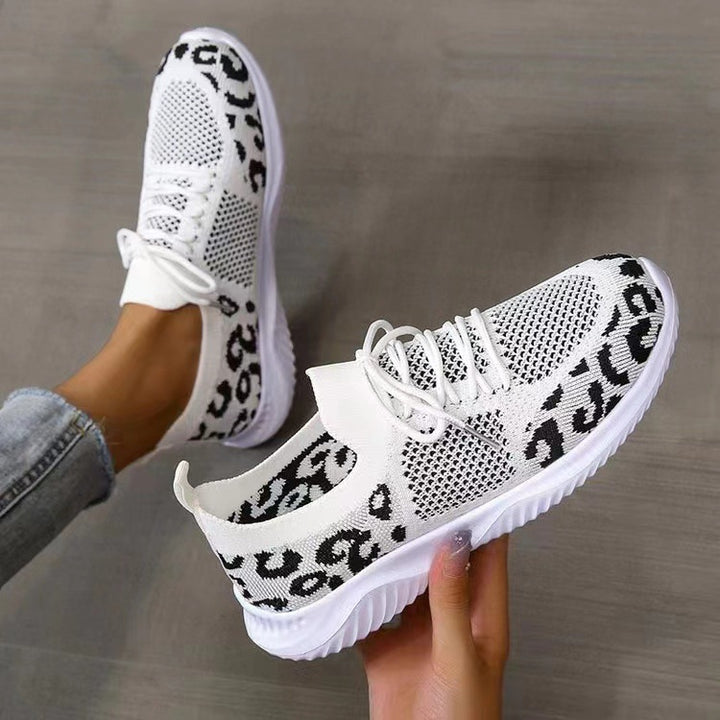 Women's Breathable Knit Slippers with Padded Cushioning Sole and Leopard Shaft Mune Fashion
