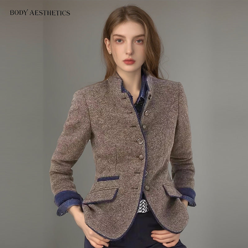 Women's Short Blazer with Stand Collar and Velvet Trim Mune Fashion