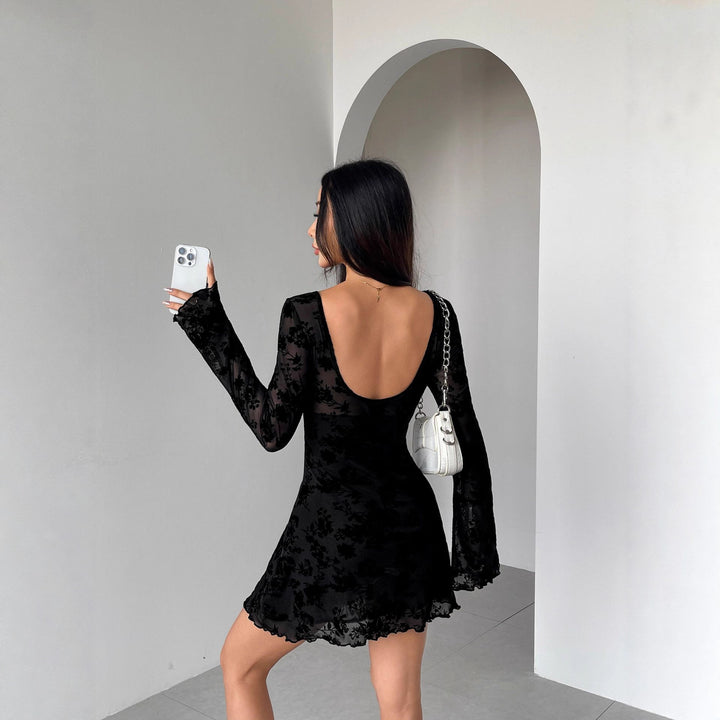 Women Nano Short Mesh Dress with Floral Velvet Flock Look, Neckline Openings and Decorative Ribbons Mune Fashion