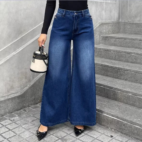 Women High-Waist Denim Palazzo Pants with Flowing A-Line and Wide Leg Mune Fashion