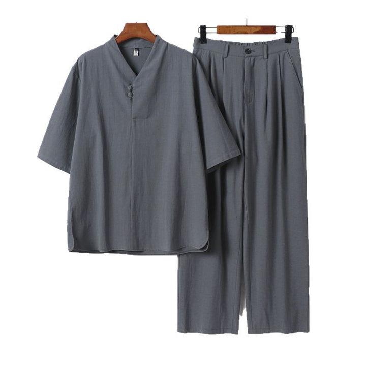 Men's Two-Piece Lightweight Kimono Loungewear Set with Stand Collar Tie Closure Short Sleeve and Wide Leg Pants Mune Fashion