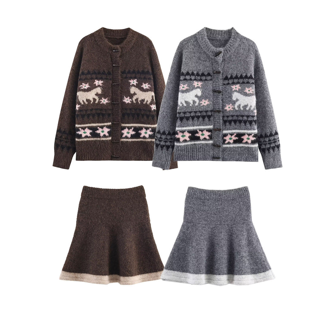 Women's Two-Piece Knit Set with Norwegian Pattern Cardigan and Flared Skirt Mune Fashion