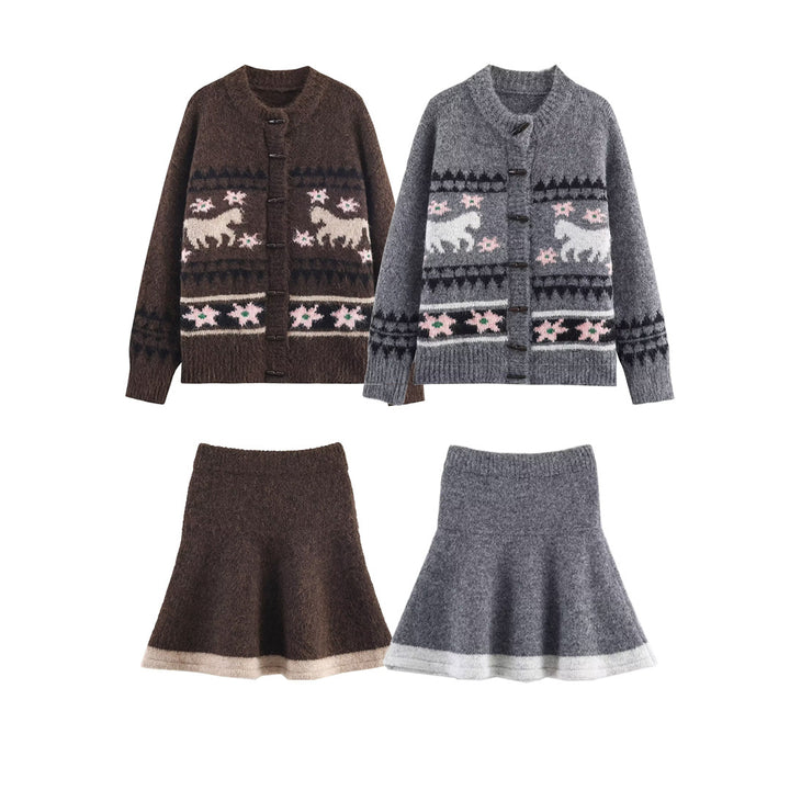 Women's Two-Piece Knit Set with Norwegian Pattern Cardigan and Flared Skirt Mune Fashion