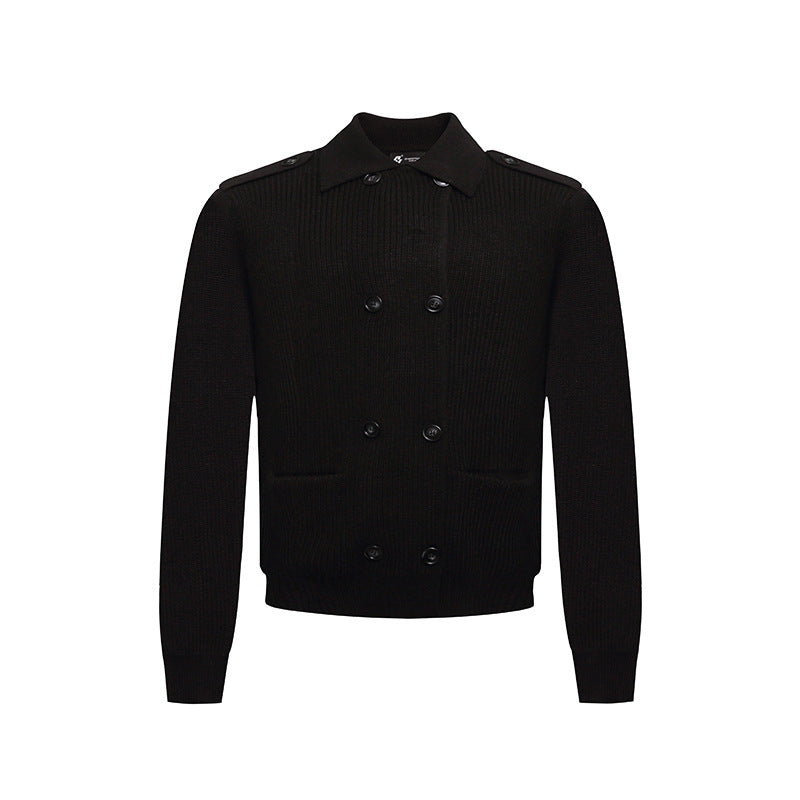 Men's knit double-breasted cardigan with collar, shoulder tabs, and welt pockets Mune Fashion