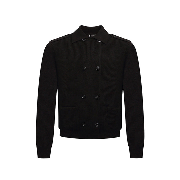 Men's knit double-breasted cardigan with collar, shoulder tabs, and welt pockets Mune Fashion