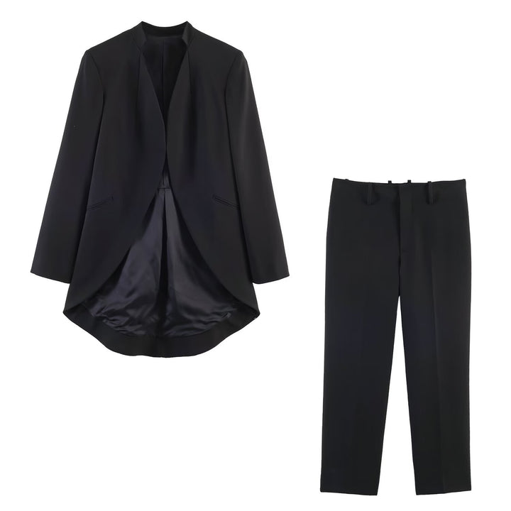 Women Longline Blazer with V-back Hem and Collarless Cut Mune Fashion