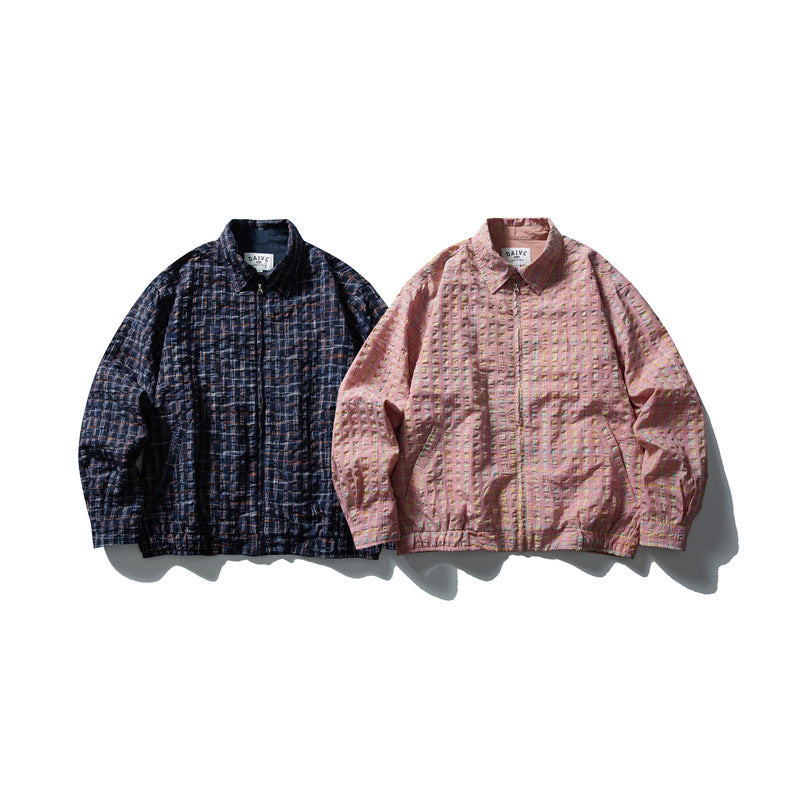 Men's checked Harrington jacket with zipper, shirt collar and elastic hem Mune Fashion