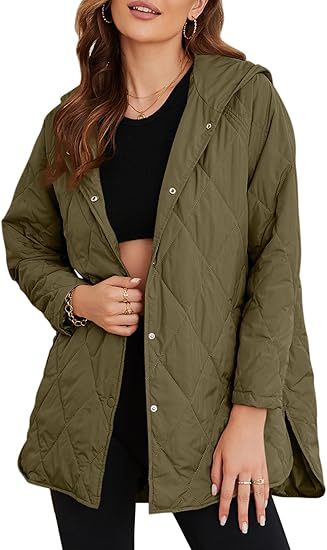 Women's quilted hooded jacket with snap button placket, side slits, and medium length Mune Fashion