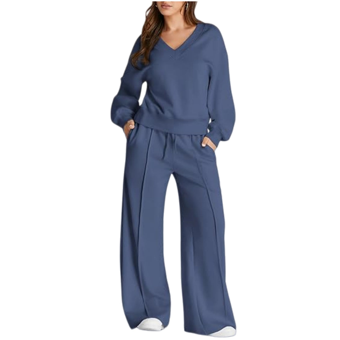 Women's Casual V-Neck Leisure Set with Wide Jogging Pants Mune Fashion