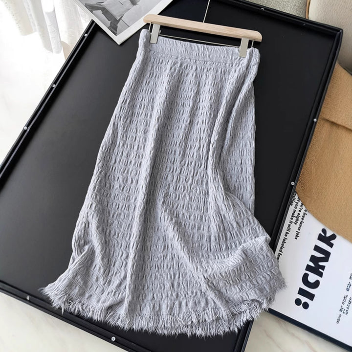 Women's Long Knit Skirt with Fringed Hem and Textured Design Mune Fashion