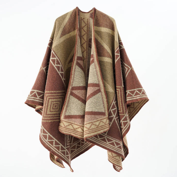Women Geometric Wool Blend Overthrow Poncho with Overlock Edge Mune Fashion