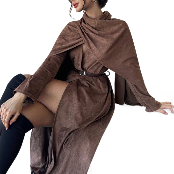 Women’s coat with cape overlay and wrap collar in faux suede Mune Fashion