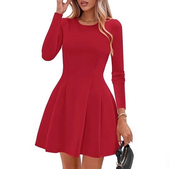 Women's Long-Sleeve A-Line Skater Dress with Figure-Flattering Seams Drune