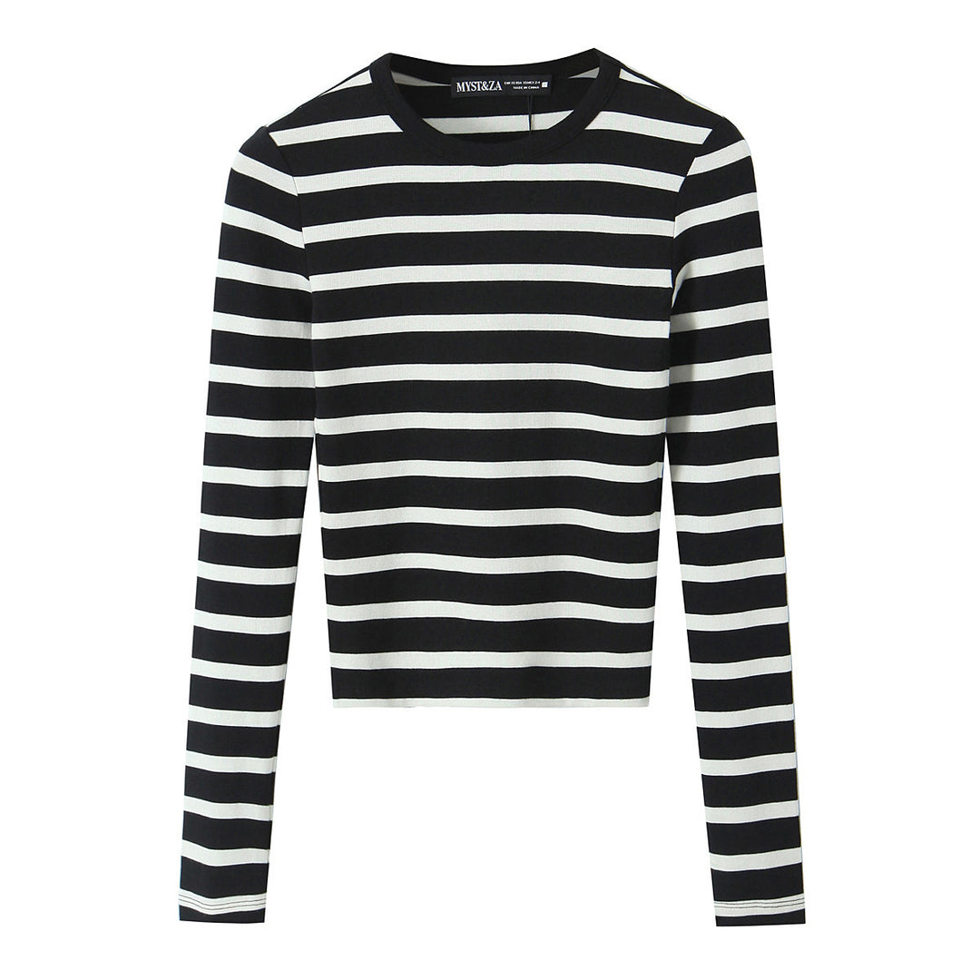 Women Striped Cropped Long Sleeve Shirt with Round Neckline Mune Fashion