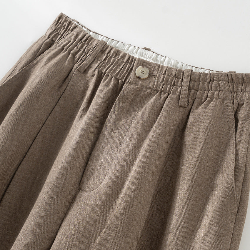 Women's Wide Linen Look Trousers with High Elastic Waistband, Pleats and Straight Leg Mune Fashion