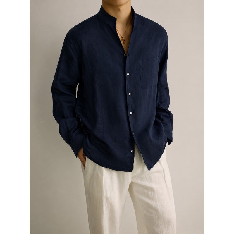 Men's Lightweight Linen Shirt with Stand-Up Collar and Chest Pocket Mune Fashion