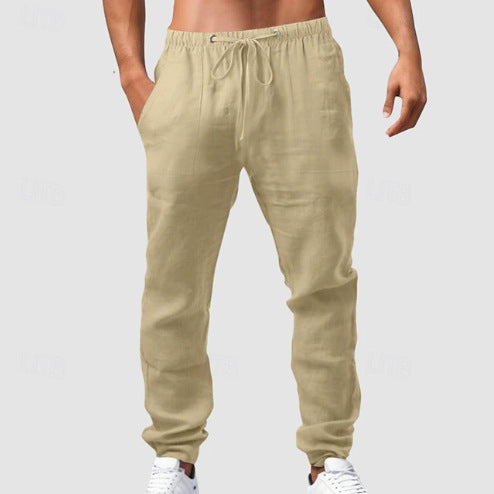 Men's relaxed sporty linen leisure pants with drawstring waistband, elastic ankle cuffs, and side seam pockets Mune Fashion