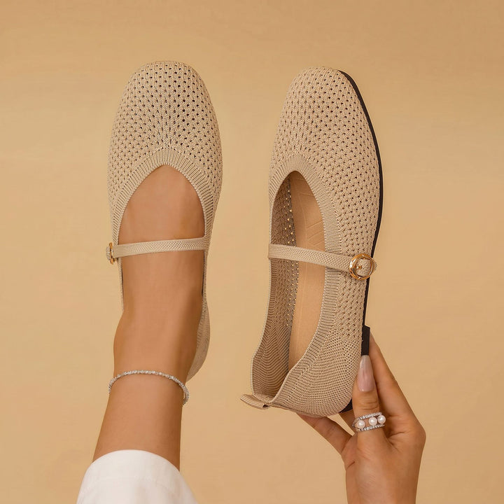 Women's breathable knitted Mary Jane ballerina shoes with elastic strap, gold decorative eyelet, and removable memory insole Mune Fashion